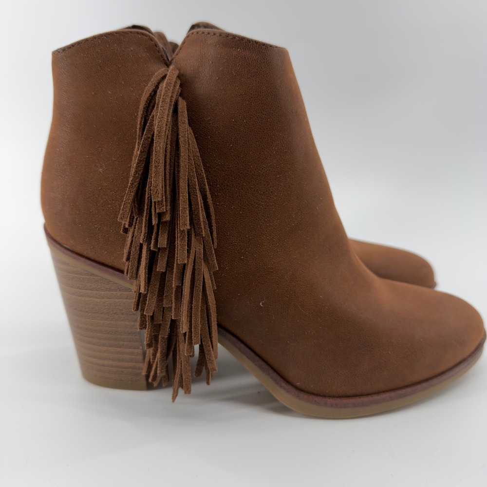NEW MIA Brown Fringe Ankle Boots Womens 6.5 Cognac Block Heel Side Zip‎ Booties